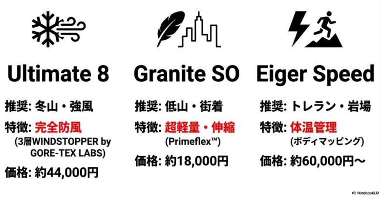 アルティメイトVII（冬山・完全防風）、グラナイトSO（低山・超軽量）、アイガースピード（トレラン・体温管理）の推奨用途と特徴、価格目安をまとめた比較表。