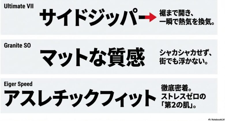 アルティメイトの裾まで開くサイドジッパー、グラナイトの街でも浮かないマットな質感、アイガースピードの徹底密着するアスレチックフィットの解説