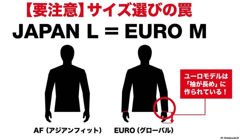 日本のLサイズがユーロのMサイズに相当することに加え、ユーロモデルはグローバル規格のため袖が長めに作られているという注意点を示す比較図