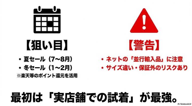 7〜8月の夏セールや1〜2月の冬セールの時期と、サイズ違いや保証外のリスクがある並行輸入品への注意、実店舗での試着を推奨するインフォグラフィック