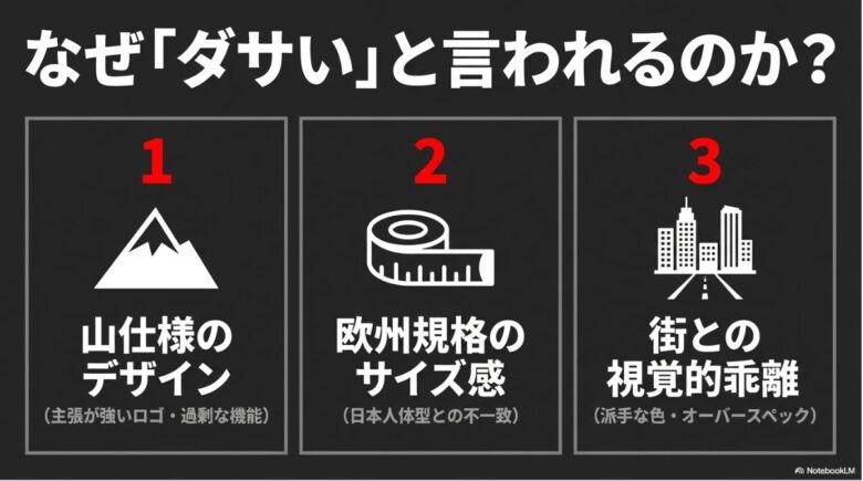 山仕様のデザイン（ロゴ・機能）」「欧州規格のサイズ感」「街との視覚的乖離（オーバースペック）」の3点を挙げた比較解説スライド