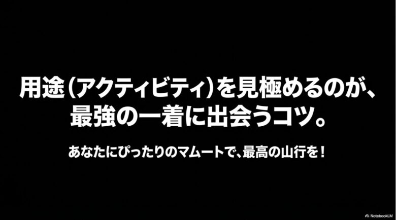 アクティビティを見極めることが最強の一着に出会うコツであり、自分にぴったりのマムートで最高の山行を楽しもうと呼びかけるスライド