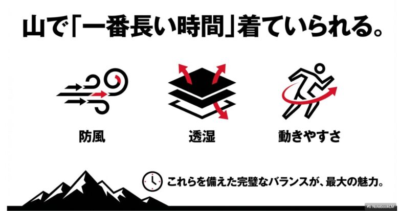 山で一番長い時間着ていられる理由として、防風、透湿、動きやすさの3つが完璧なバランスで備わっていることを説明する図解