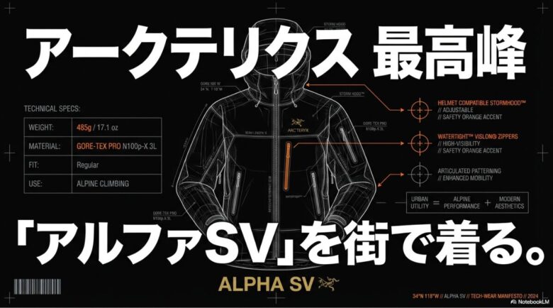 アルファSVの重量485g、素材GORE-TEX PRO N100p-X 3L、フィット感、用途などをまとめたテクニカルスペック表