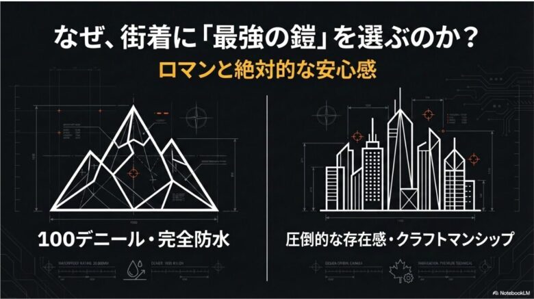 山と都会のシルエットを対比させ、100デニールの防水性やカナダ製の存在感を「最強の鎧」として表現したコンセプト図