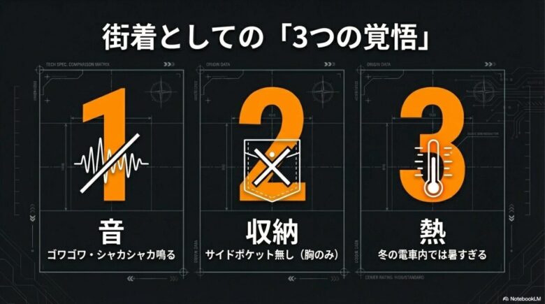 街着利用における「音（衣擦れ音）」「収納（サイドポケットなし）」「熱（電車内の暑さ）」の3つのデメリットをまとめたスライド
