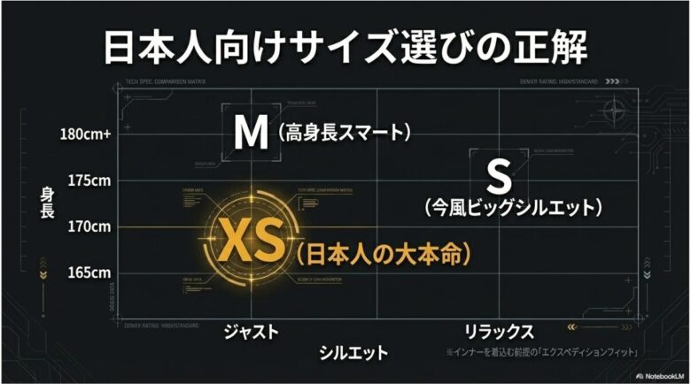 日本人の体型に合わせたサイズ選びガイド。170cm前後のXS、175cmのS、180cm以上のMといった推奨サイズとシルエットの関係を図解