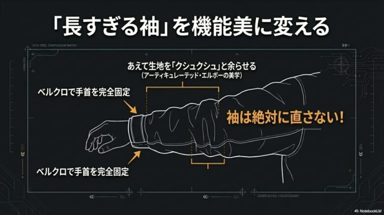 長すぎる袖をベルクロで手首に固定し、あえて生地を余らせる「アーティキュレーテッド・エルボー」の着こなしを解説した図 