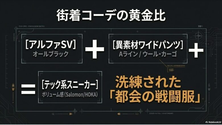 アルファSV、異素材ワイドパンツ、テック系スニーカー（Salomon/HOKA）を組み合わせた街着コーディネートの構成案