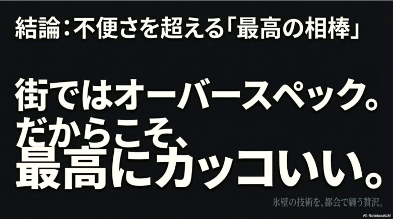 街ではオーバースペックだからこそ最高に格好いい、氷壁の技術を都会で纏う贅沢を表現した結論スライド