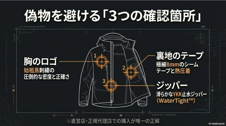 偽物を避けるための3つのチェックポイントとして、胸のロゴ刺繍、裏地の極細テープ、滑らかなYKK止水ジッパーを解説