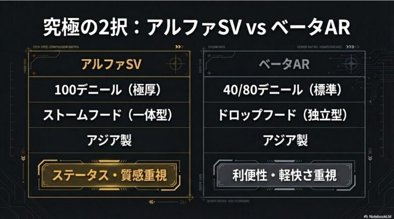 アルファSV（100デニール・アジア製・質感重視）とベータAR（40/80デニール・アジア製・利便性重視）の違いを対比させた比較表