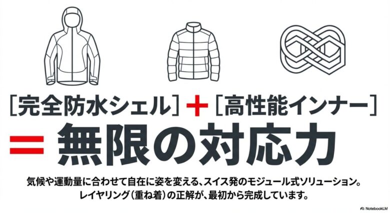 完全防水シェルと高性能インナーを組み合わせることで「無限の対応力」を発揮するモジュール式ソリューションの解説図