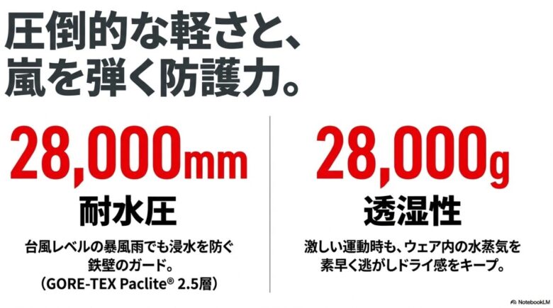 耐水圧 28,000mm と透湿性 28,000g という、嵐を弾き蒸れを逃がすシェルの圧倒的な性能スペックを示す図解