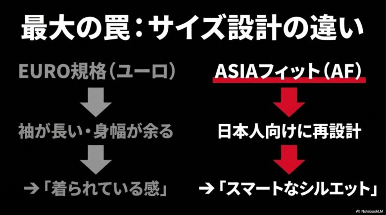 欧州規格によるサイズの余りと、日本人向けに再設計されたアジアンフィット（AF）のスマートなシルエットの違いを示す比較スライド