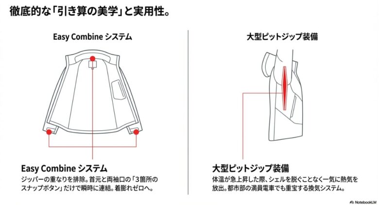 3箇所のスナップボタンによる連結「Easy Combine」と、熱気を一気に放出する「大型ピットジップ」の構造図。