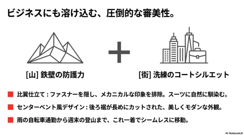 山の防護力と街の洗練されたシルエットを両立する、比翼仕立てやセンターベント風デザインのメリットを示した図解