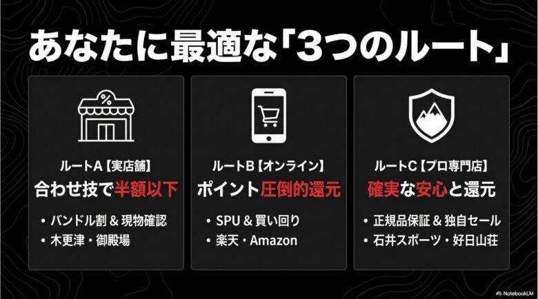 実店舗、オンライン、プロ専門店のそれぞれの特徴（バンドル割、SPU、正規品保証など）を比較したルート選択ガイド