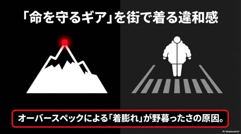 本格的なアルパイン仕様のダウンを街で着ることによる「着膨れ」や、オーバースペックによる野暮ったさを表現した図解