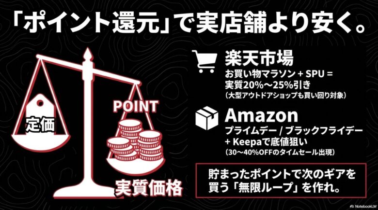 楽天のお買い物マラソンやAmazonのブラックフライデーを活用し、実質20〜25%引き以上を実現するオンライン購入術
