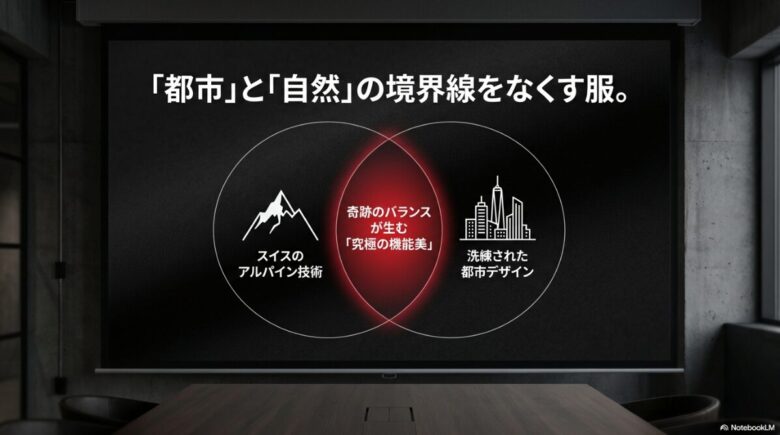 都市と自然の境界線をなくす服、スイスのアルパイン技術と洗練された都市デザインが融合した究極の機能美を説明するスライド画像