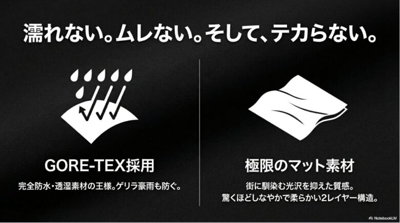 濡れない、ムレない、テカらない。GORE-TEX採用の完全防水・透湿性と、街に馴染む極限のマット素材・しなやかな2レイヤー構造を解説するスライド画像