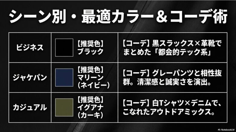 ビジネス（ブラック）、ジャケパン（マリーン）、カジュアル（イグアナ）の3つのシーン別推奨色とコーディネート例を紹介するスライド画像。