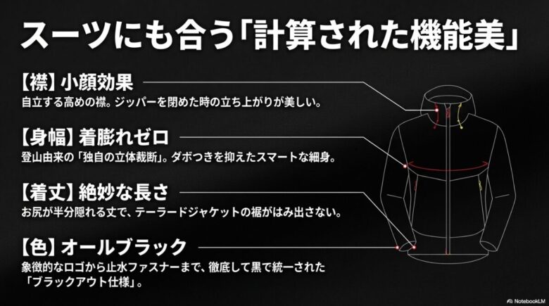 小顔効果のある襟、立体裁断によるスマートな身幅、ジャケットを隠す絶妙な着丈、ブラックアウト仕様の色使いなど、アヤコプロの計算された機能美をまとめたスライド画像。