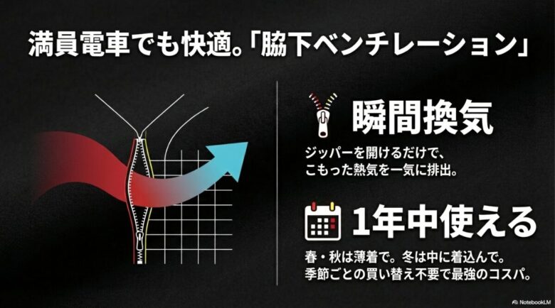 満員電車でも快適な脇下ベンチレーションによる瞬間換気と、レイヤリング次第で1年中使える高いコスパを説明するスライド画像