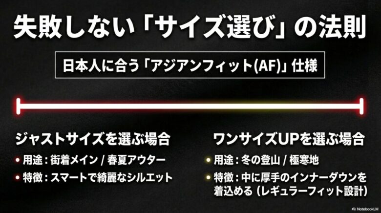 日本人に合うアジアンフィット仕様の解説。街着メインのジャストサイズと、冬の登山や厚着を想定したワンサイズUPの選び方を比較するスライド画像