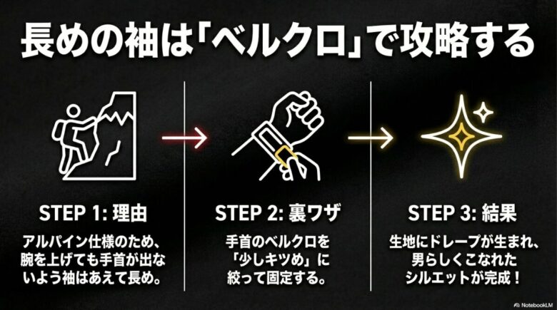 アルパイン仕様で長めの袖を、手首のベルクロを少しキツめに絞って固定することで、男らしくこなれたシルエットを完成させる裏ワザを解説するスライド画像。