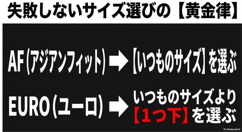 アジアンフィットならいつものサイズ、ユーロ規格ならワンサイズ下を選ぶという、サイズ選びの具体的なルールを記したスライド