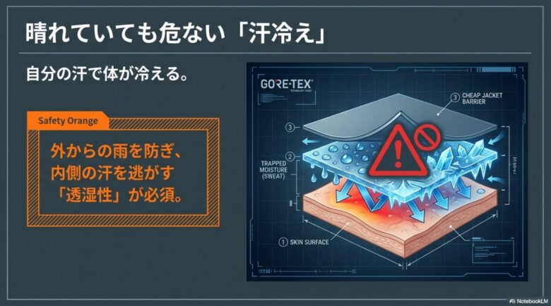 肌表面(Skin Surface)からの汗がウェアを通り抜ける透湿性の仕組みと、外からの雨を防ぐ構造の断面図解