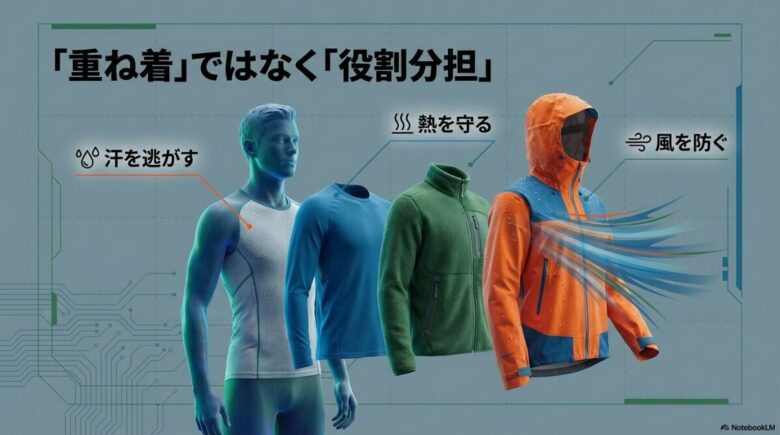 ドライレイヤー、ベースレイヤー、ミドルレイヤー、アウターシェルの4層構造を示し、それぞれの「汗を逃がす」「熱を守る」「風を防ぐ」という役割分担を解説するイラスト 。