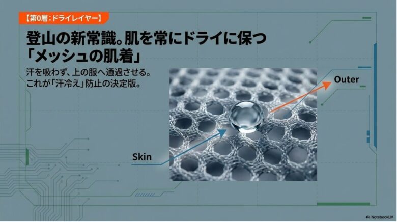 メッシュ状の肌着が汗を吸わずに透過させ、肌を常にドライに保つ仕組みを拡大したイメージ図 。