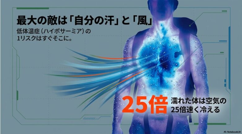 「濡れた体は空気の25倍速く冷える」というテキストと共に、低体温症(ハイポサーミア)のリスクを警告するスライド 。