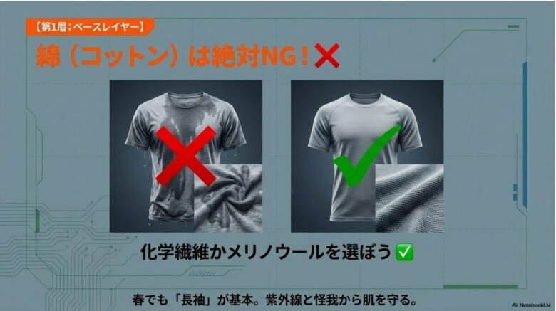 綿(コットン)がNGであることと、化学繊維やメリノウールが推奨されることを示す比較画像。春でも長袖が基本であることを解説 。
