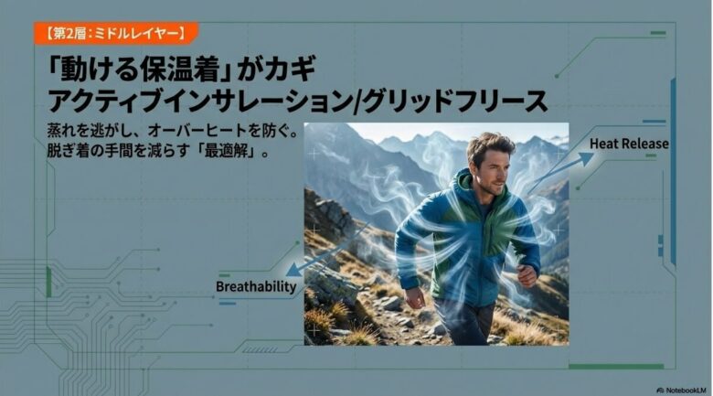 アクティブインサレーションやグリッドフリースが、蒸れを逃がしてオーバーヒートを防ぐ「動ける保温着」であることを説明する画像 。