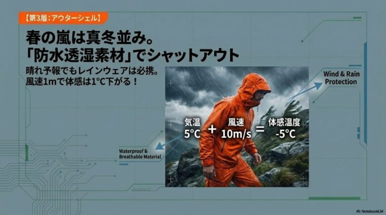 防水透湿素材の重要性と、風速1m/sにつき体感温度が1℃下がる(例:気温5℃+風速10m/s=体感マイナス5℃)ことを示すグラフとイラスト