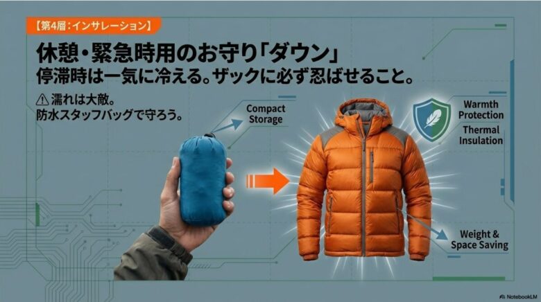 休憩時や緊急時のお守りとしてのダウンジャケット。防水スタッフバッグに入れて濡れから守るべきことを示す収納イメージ