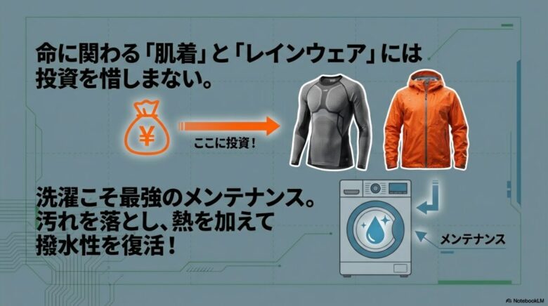 命に関わる「肌着」と「レインウェア」への投資を推奨するアイコンと、洗濯と熱処理で撥水性を復活させるメンテナンスの重要性を示すイラスト