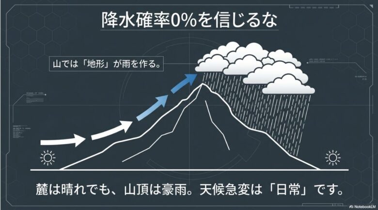 山の斜面を空気が上昇することで雲ができ、麓が晴れていても山頂で豪雨になる「地形性降雨」のメカニズムを示すイラスト。