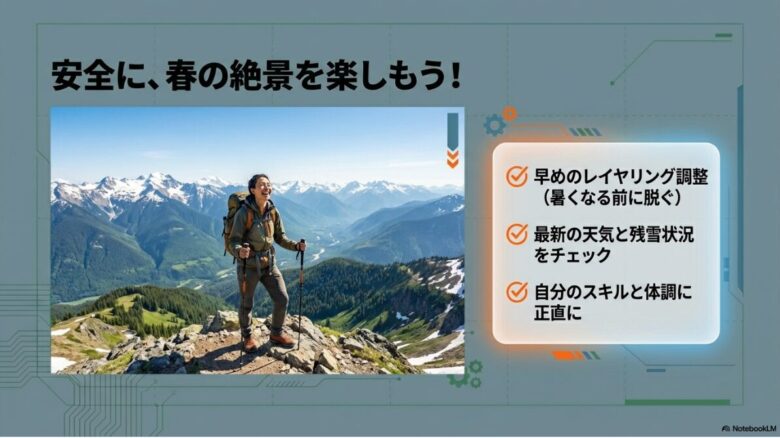 春の絶景を楽しむ登山者の写真と共に、早めのレイヤリング調整、天気・残雪状況のチェック、自分のスキルへの正直さを促すチェックリスト 。