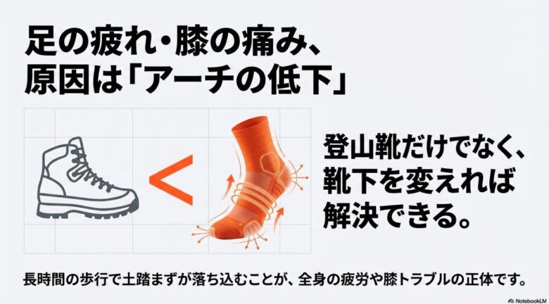 登山靴とクロスプロソックスを比較したイラスト。長時間の歩行による土踏まずの落ち込み（アーチの低下）が全身の疲労や膝トラブルの原因であることを説明しています。