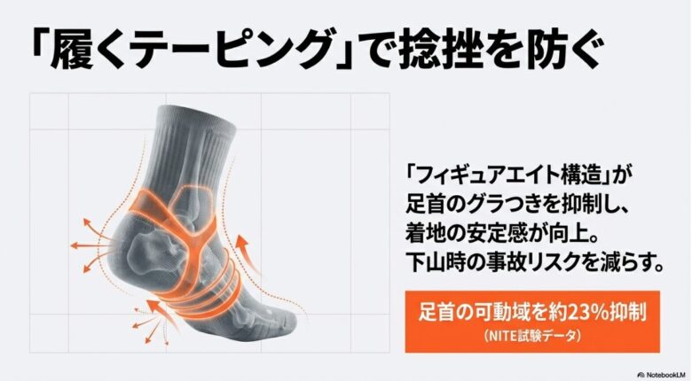 足首に8の字状に施されたフィギュアエイト構造の解説画像。足首のグラつきを抑制し、着地の安定感を向上させ、下山時の事故リスクを減らす仕組みを示しています。