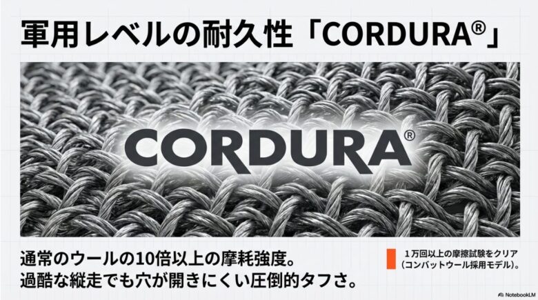 CORDURA素材の編み込みをアップにした画像。軍用レベルの耐久性を持ち、1万回以上の摩擦試験をクリアした圧倒的なタフさを説明しています