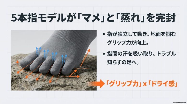5本指ソックスを履いて岩の上で踏ん張る足の画像。指が独立して動くことでグリップ力が向上し、指間の汗を吸い取ってトラブルを防ぐ効果を示しています