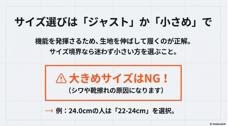ジャストサイズか小さめを選ぶべき理由を解説した画像。大きめサイズはシワや靴擦れの原因になるためNGとし、サイズ境界での具体的な選択例（24.0cmなら22-24cm）を提示しています。