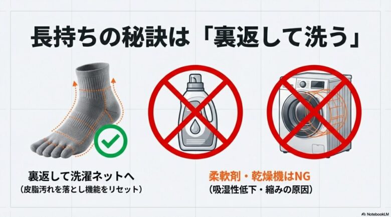 洗濯の手順を示したイラスト。裏返して洗濯ネットに入れることを推奨し、柔軟剤や乾燥機の使用は吸湿性低下や縮みの原因になるためNGであることを説明しています。