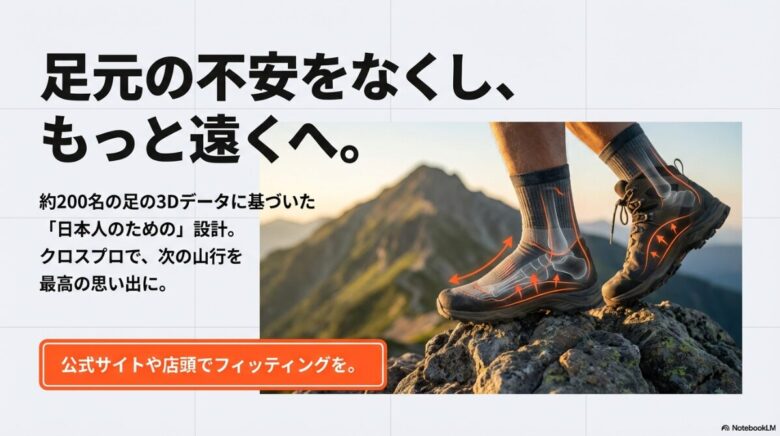 約200名の日本人の足の3Dデータに基づいた設計であることを説明し、公式サイトや店頭でのフィッティングを推奨するクロージング画像。